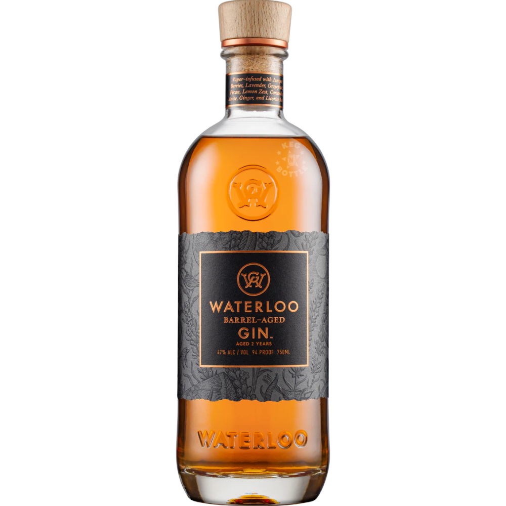 Waterloo Barrel-Aged Gin 750mL aged for two years in first-use medium char American oak barrels, crafted in Texas with signature botanicals and limestone-filtered spring water.