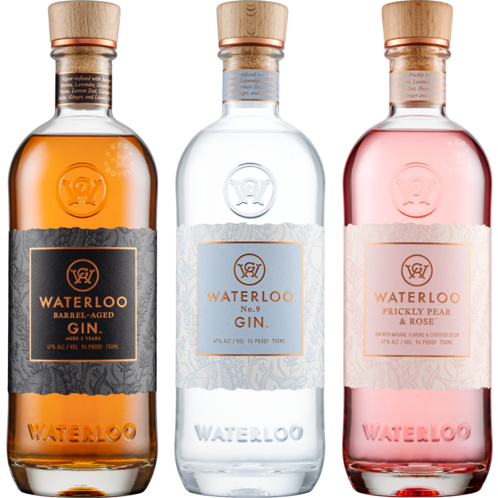 Waterloo Gin Collection Bundle featuring Waterloo Barrel-Aged Gin, Waterloo No. 9 Gin, and Waterloo Prickly Pear & Rose Gin 750mL bottles.