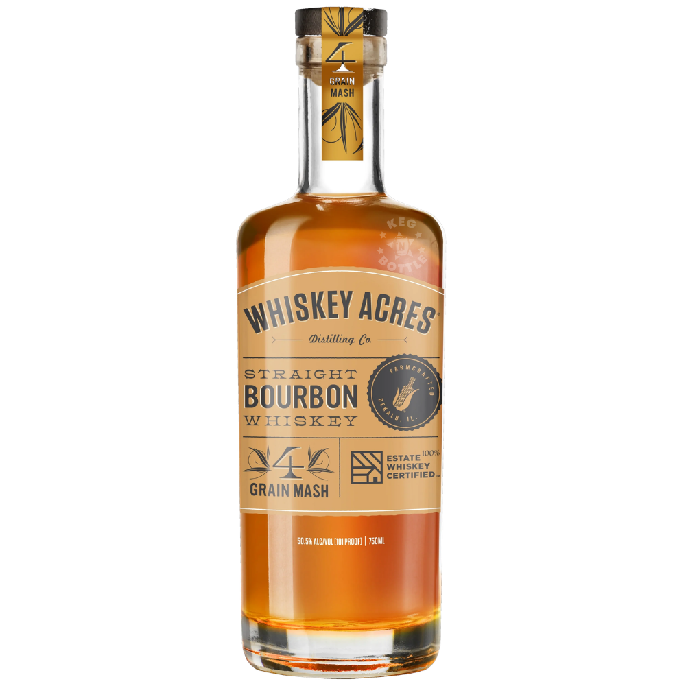 Whiskey Acres 101 Proof Four Grain Straight Bourbon Whiskey 750mL bottle featuring amber bourbon, a tan and gold label, four-grain mash branding, and 50.5% ABV.