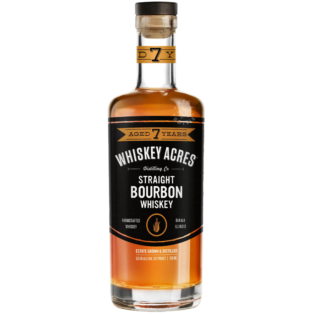 Whiskey Acres 7 Year Straight Bourbon Whiskey 750mL bottle featuring rich amber bourbon, a black and gold label, and Aged 7 Years branding.