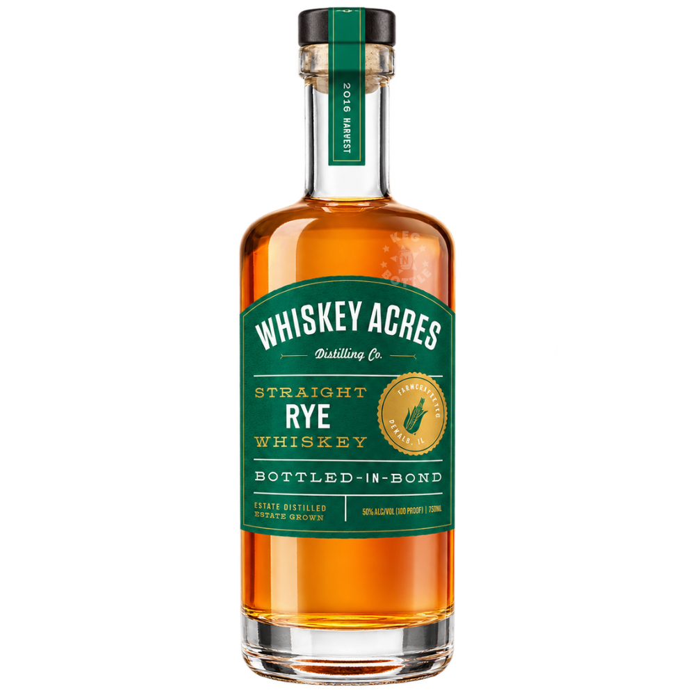 Whiskey Acres Bottled-in-Bond Straight Rye Whiskey 750mL bottle featuring amber whiskey, a green and gold label, 2016 harvest neck strip, and 100-proof branding.