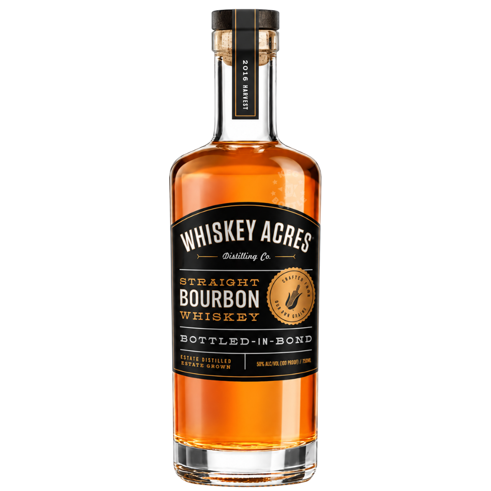 Whiskey Acres Bottled in Bond Straight Bourbon Whiskey 750mL bottle featuring amber bourbon, a black and gold label, and 100-proof branding.