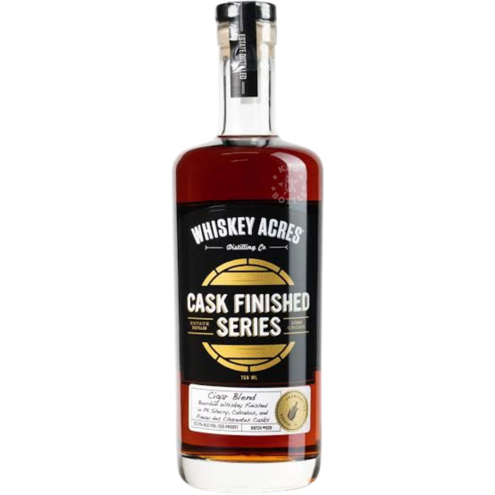 Whiskey Acres Cigar Blend Cask Finished Bourbon Whiskey 750mL bottle featuring deep amber whiskey, a black and gold Cask Finished Series label, and Cigar Blend designation.