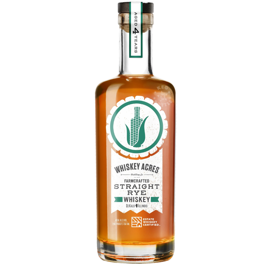 Whiskey Acres Straight Rye Whiskey 750mL bottle featuring amber whiskey, a white and green farm-crafted label, grain emblem, and aged 3 years branding.