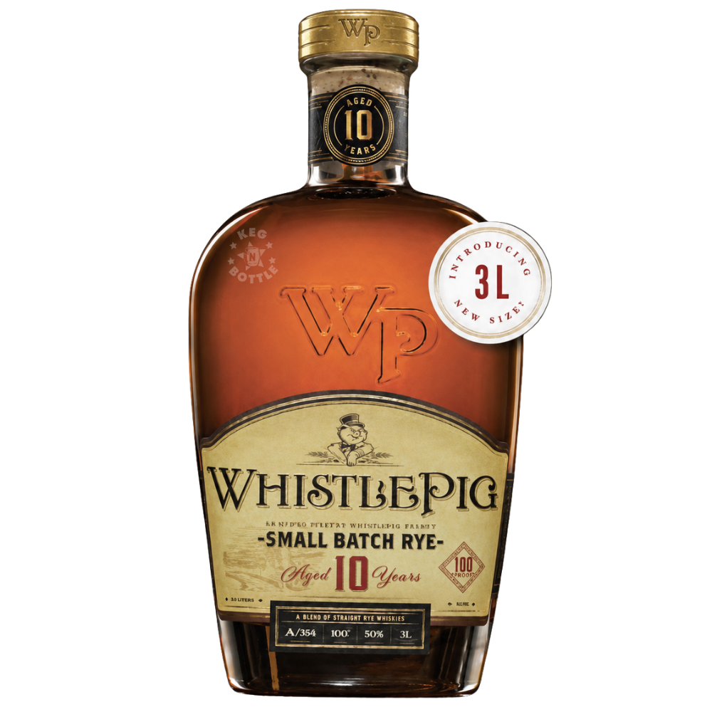 WhistlePig 10 Year Small Batch Rye Whiskey large format 3-liter bottle displayed in promotional image