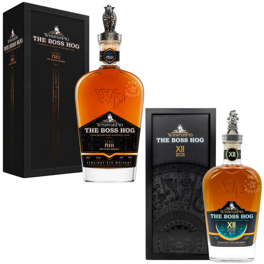 WhistlePig Boss Hog XII Feather & Flame and Boss Hog XIII The Golden Pharaoh Straight Rye Whiskey collector bundle with premium presentation gift boxes.
