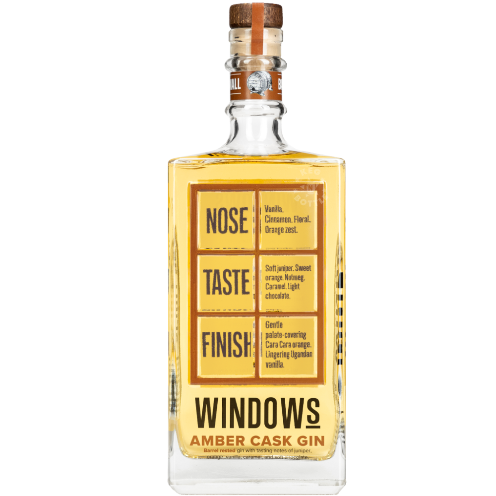 Windows Distillery Amber Cask Gin 750mL bottle featuring golden amber spirit, a yellow and brown tasting notes label, black Windows branding, and a natural cork stopper.