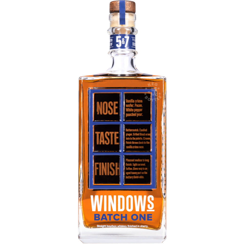 Windows Distillery Batch One Bourbon Whiskey 750mL bottle featuring amber whiskey, a blue and orange tasting notes label, and a natural cork stopper.