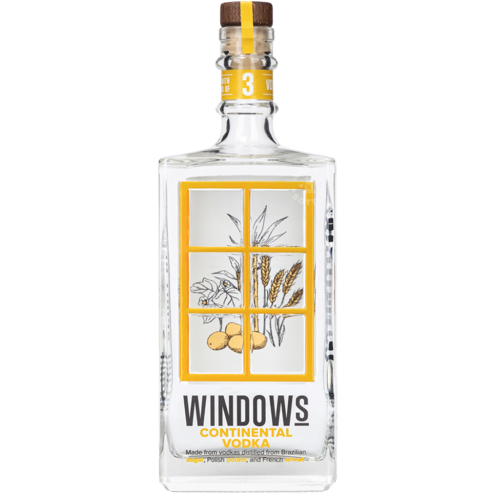 Windows Distillery Continental Vodka 750mL clear glass bottle featuring a yellow and white botanical label, black Windows branding, and a natural cork stopper.
