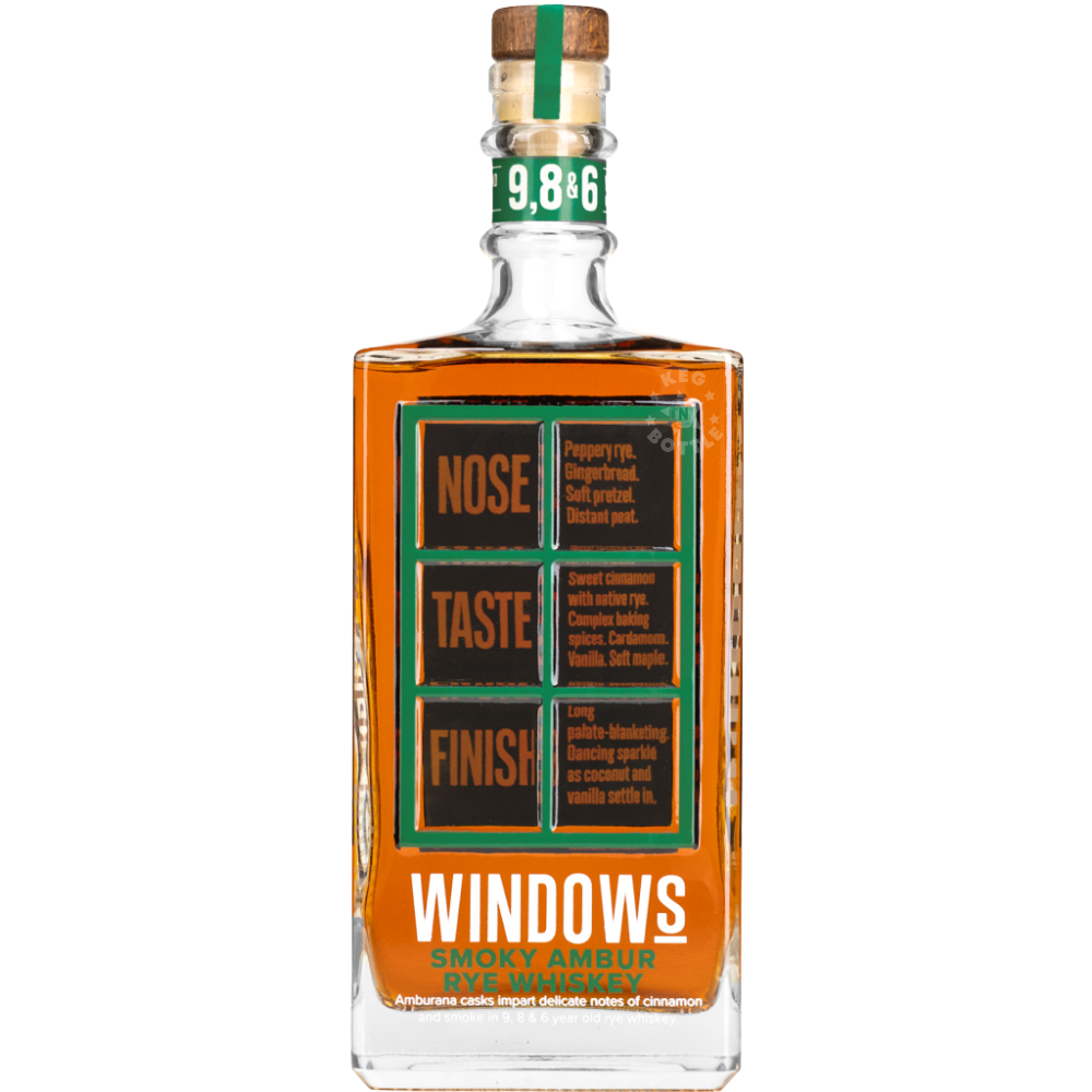 Windows Distillery Smoky Ambur Rye Whiskey 750mL bottle featuring amber whiskey, a green and orange tasting notes label, and a natural cork stopper.