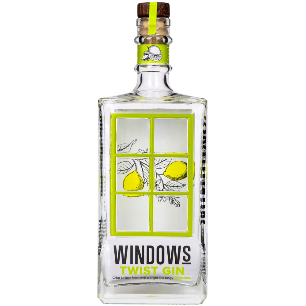 Windows Distillery Twist Gin 750mL clear glass bottle with a lime-green window design, illustrated lemons, and a natural cork stopper.