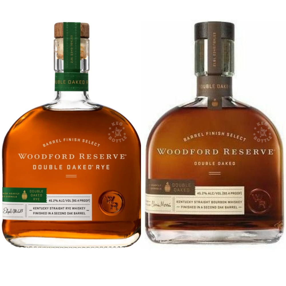 Woodford Reserve Double Oaked Rye Whiskey and Double Oaked Bourbon two-bottle bundle with two 750mL bottles.