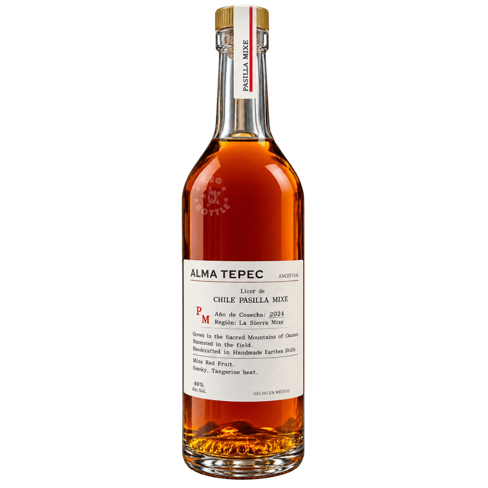 Alma Tepec Chile Pasilla Mixe Liqueur 750mL bottle featuring amber-colored liquid, a textured glass design, gold cap, and harvest details.