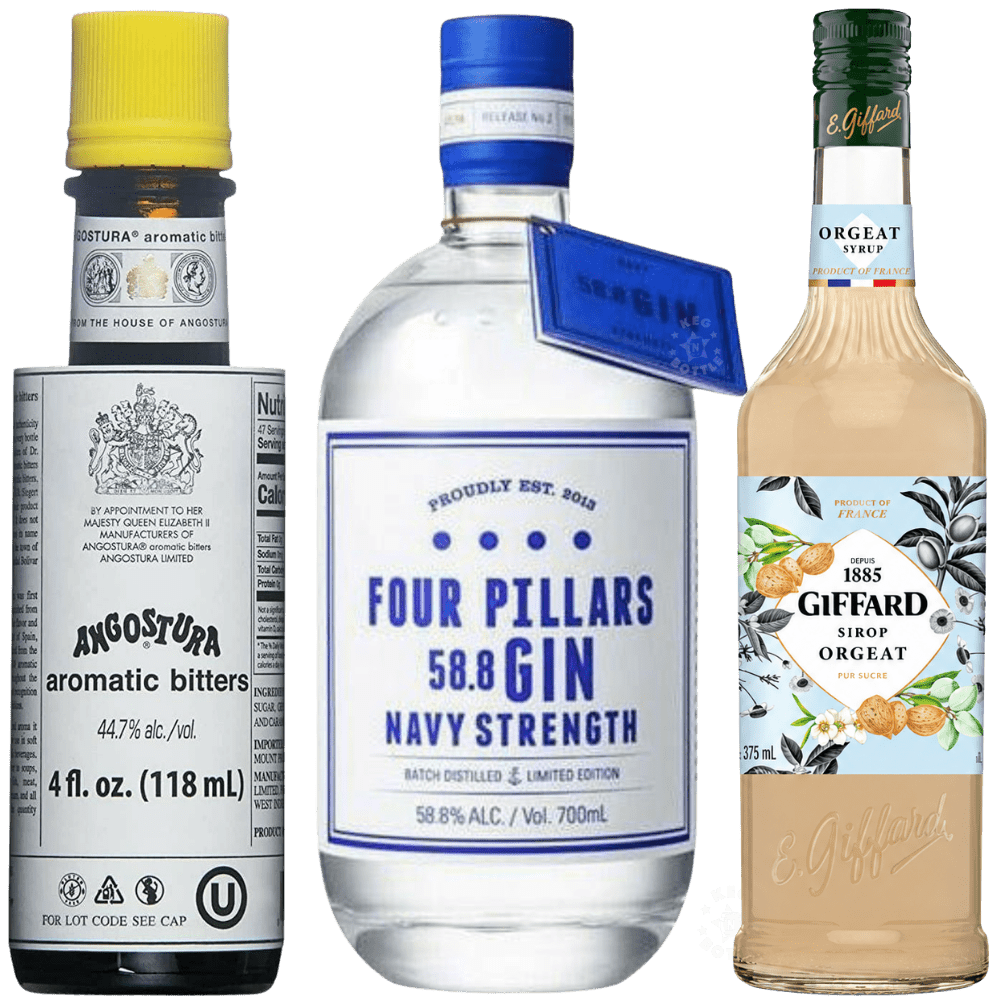 Army & Navy Gin Cocktail Kit with Four Pillars Navy Strength Gin 750mL, Giffard Sirop Orgeat 375mL, and Angostura Aromatic Bitters 4 oz.