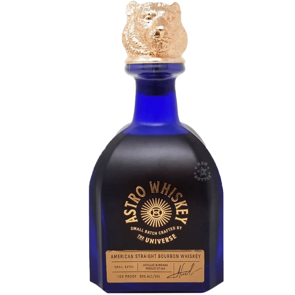 Astro Whiskey American Straight Bourbon Whiskey 750mL blue bottle with ornate lion closure, bottled at 100 proof and 50% ABV.
