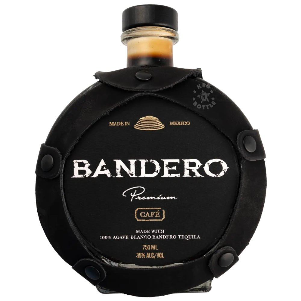 Bottle of Bandero Premium Café Tequila, 750 ml, black round design with gold details, coffee‑infused tequila from Mexico
