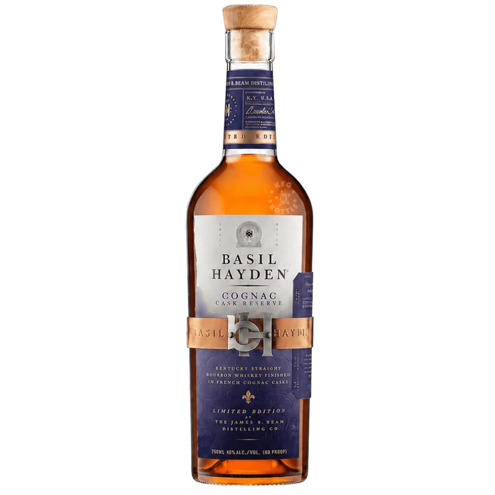 Basil Hayden Cognac Cask Reserve Bourbon Whiskey 750mL bottle featuring its distinctive blue and gold label.