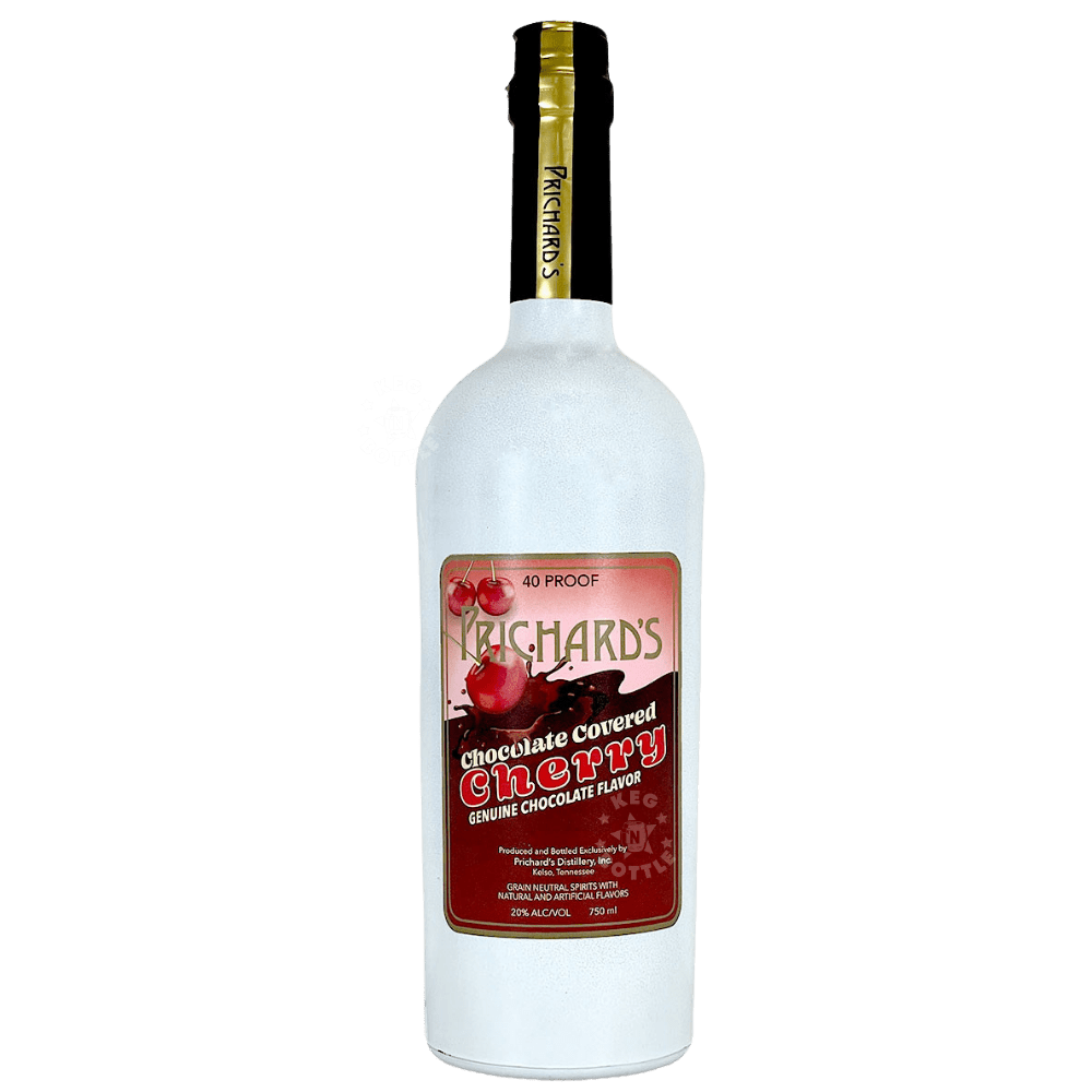 Bottle of Prichard's Chocolate Covered Cherry Liqueur in frosted white bottle with cherry and chocolate label design.