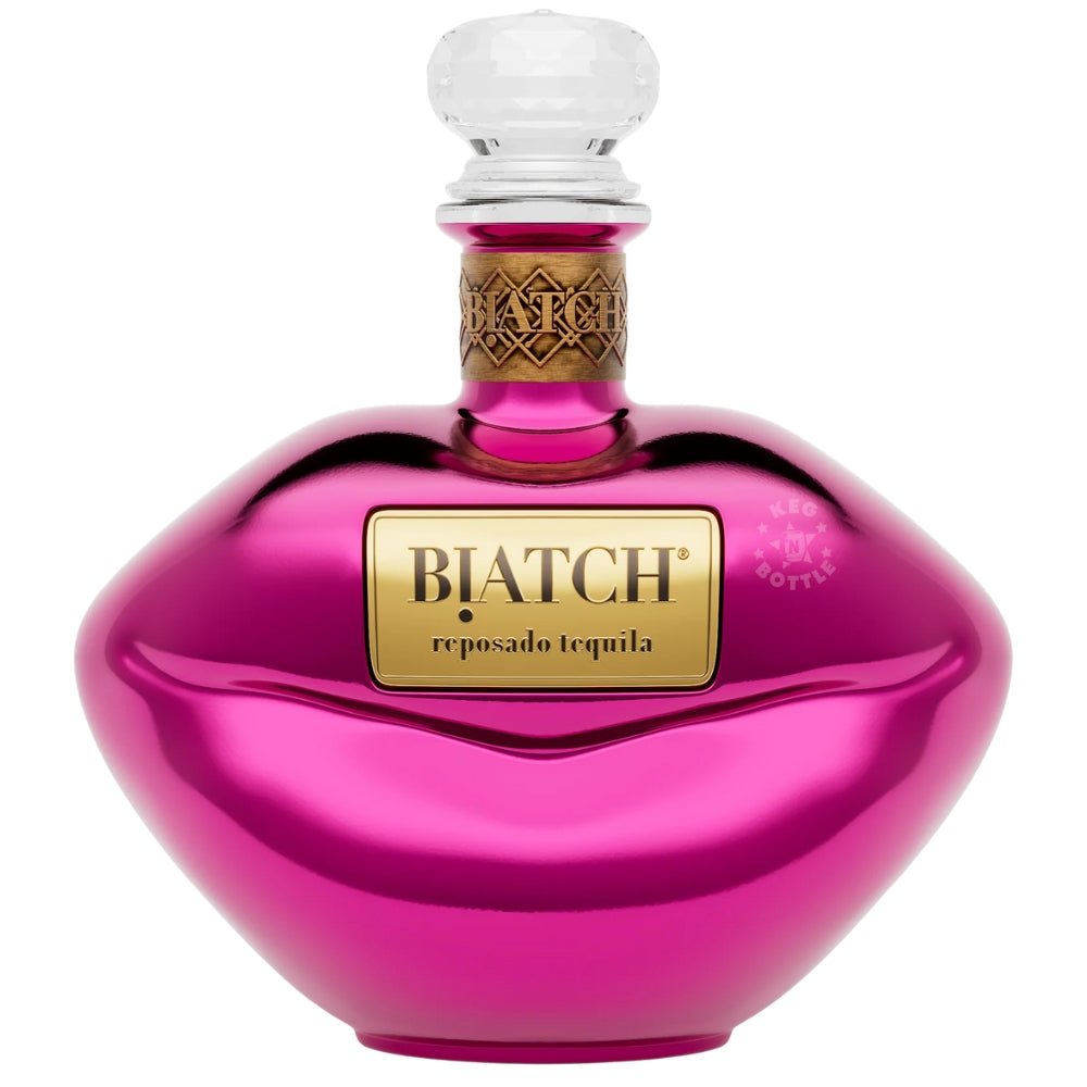 Biatch Reposado Tequila in metallic pink lips-shaped bottle
