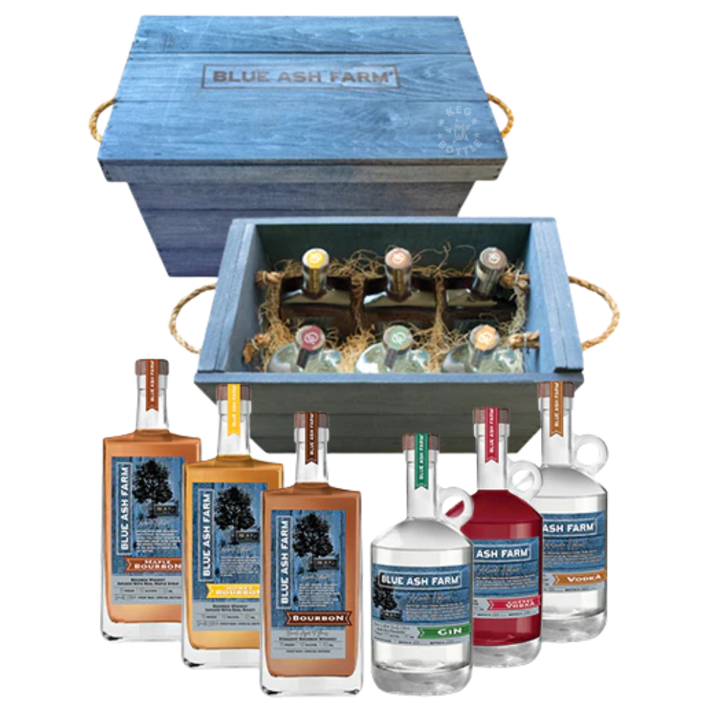 Blue Ash Farm Blue Wood Gift Box Variety Pack with six handcrafted spirits in a premium wooden crate