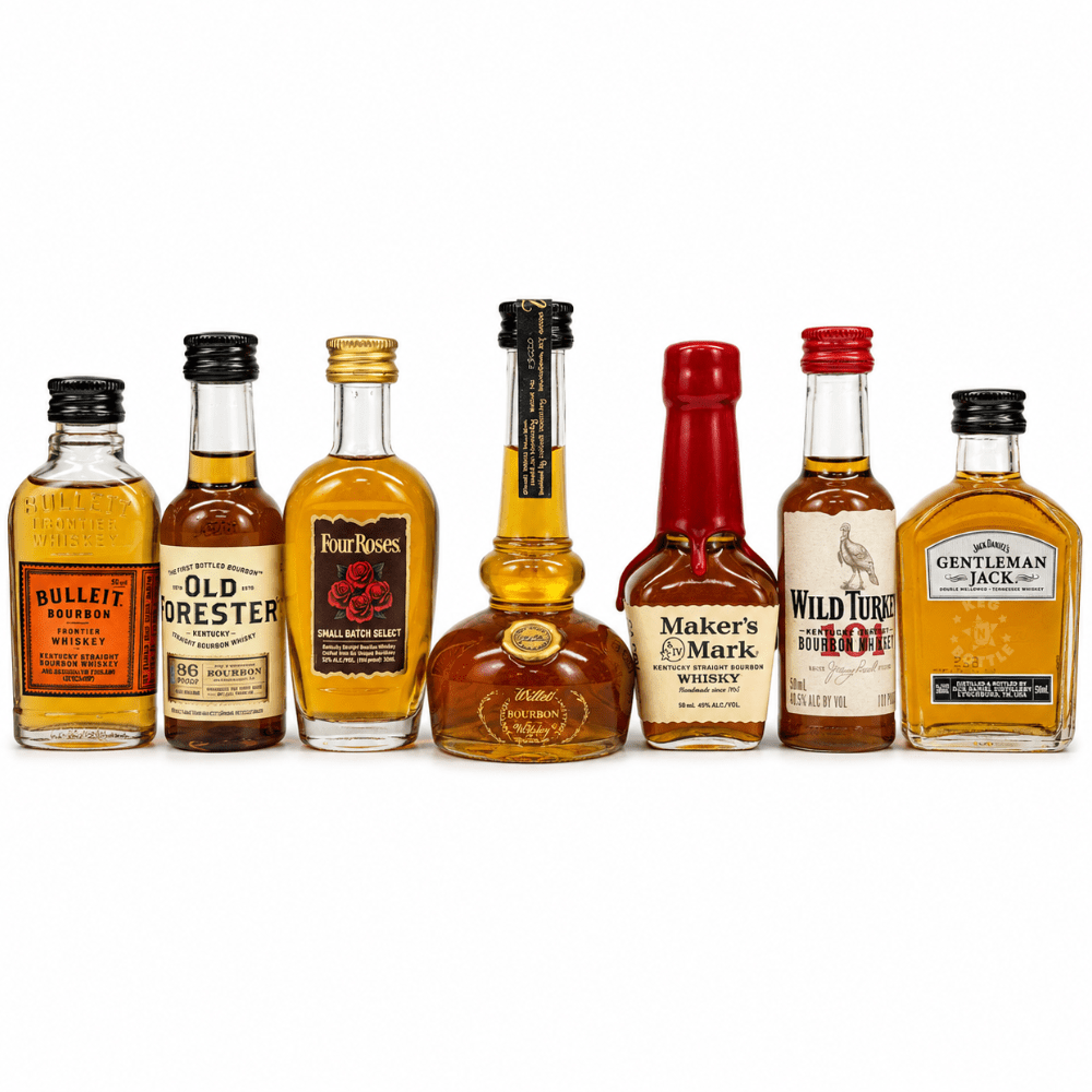 Bourbon Travel Pack featuring seven 50mL miniature bottles including Bulleit Bourbon, Old Forester, Four Roses Small Batch Select, Willett Pot Still Reserve, Maker's Mark, Wild Turkey, and Gentleman Jack Tennessee Whiskey.