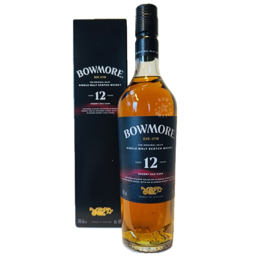 Bowmore 12 Year Sherry Oak Cask Single Malt Scotch Whisky bottle and box – Islay single malt matured in Oloroso sherry casks.