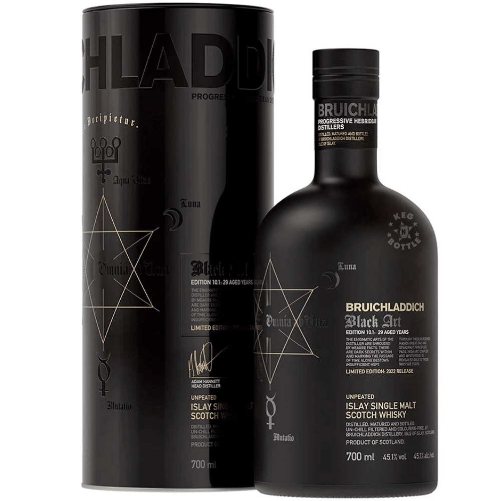 Bruichladdich Black Art Edition 10.1 29 Year Old Unpeated Islay Single Malt Scotch Whisky 700mL with limited edition presentation tube.