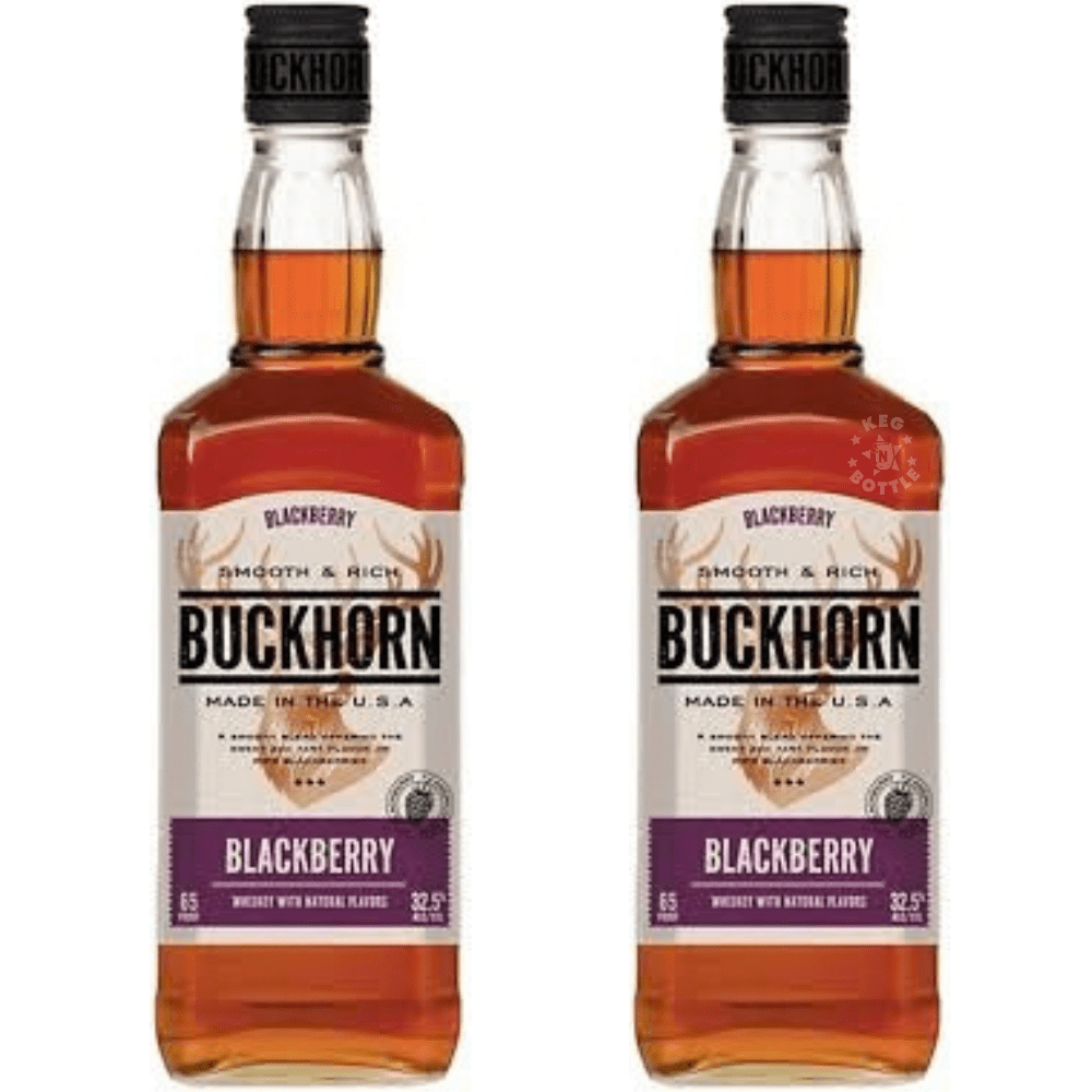 Buckhorn Blackberry Flavored Whiskey 2-Pack featuring two 750mL bottles of amber-colored blackberry whiskey with a distinctive purple blackberry label.