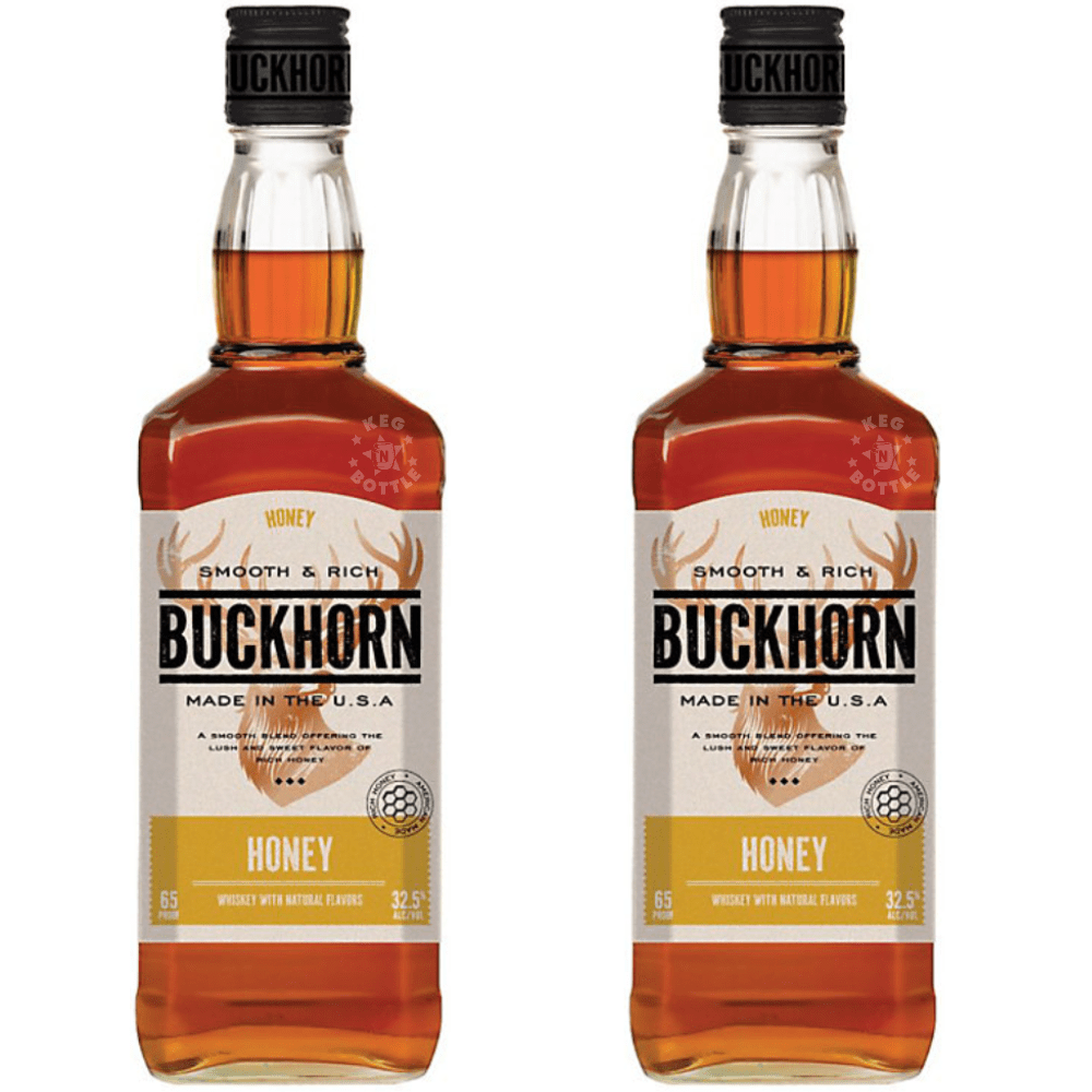 Buckhorn Honey Flavored Whiskey 2-Pack featuring two 750mL bottles of golden amber honey whiskey with a distinctive yellow honey label.