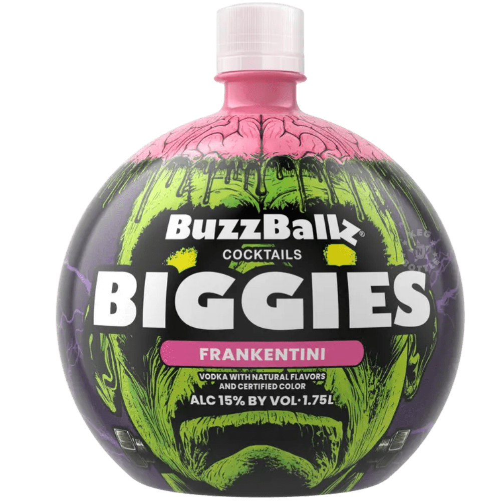BuzzBallz Biggies Frankentini Halloween ready-to-drink cocktail 1.75L with Frankenstein-inspired green and pink packaging.