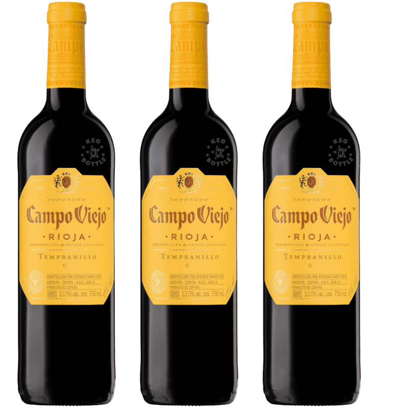 Campo Viejo Rioja Tempranillo Combo Pack featuring three 750mL bottles of Spanish Rioja red wine.