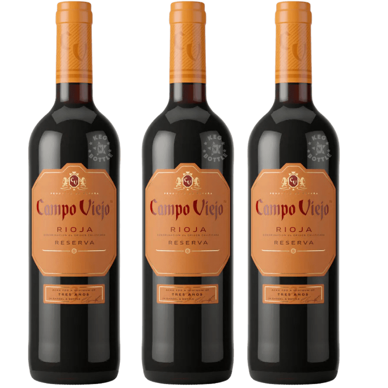Campo Viejo Rioja Reserva 2018 Combo Pack featuring three 750mL bottles of Spanish Rioja Reserva red wine.
