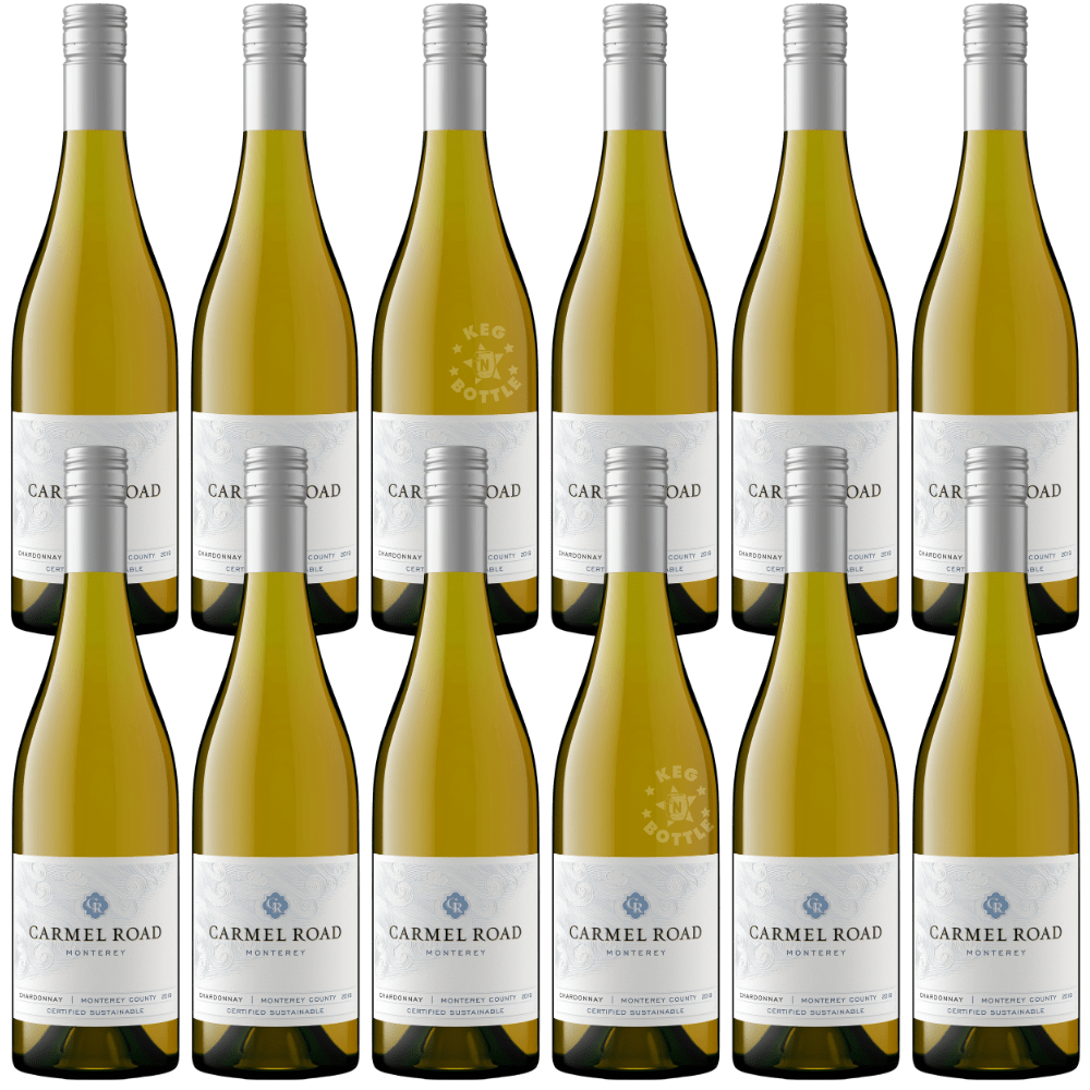 Bottle of Carmel Road Monterey Chardonnay California white wine with elegant silver and white label - 12 Packs