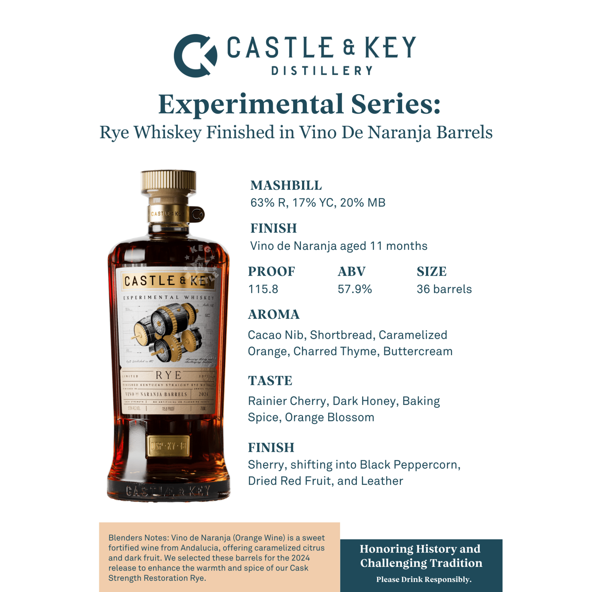 Castle & Key Experimental Series Rye Finished in Vino De Naranja Casks (750mL) - Keg N Bottle