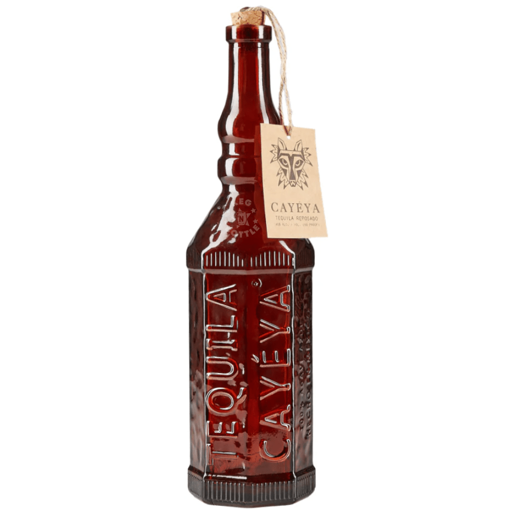 Cayeya Tequila Reposado Single Barrel 750mL bottle featuring amber tequila, embossed CAYEYA lettering, a cork closure, and a decorative branded hang tag.