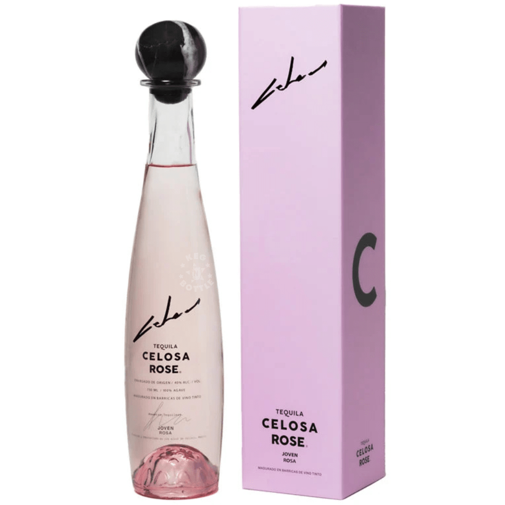 Celosa Rose Joven Rosa Tequila 750mL bottle featuring pale pink tequila, a black spherical stopper, elegant Celosa branding, and a matching pink presentation gift box.