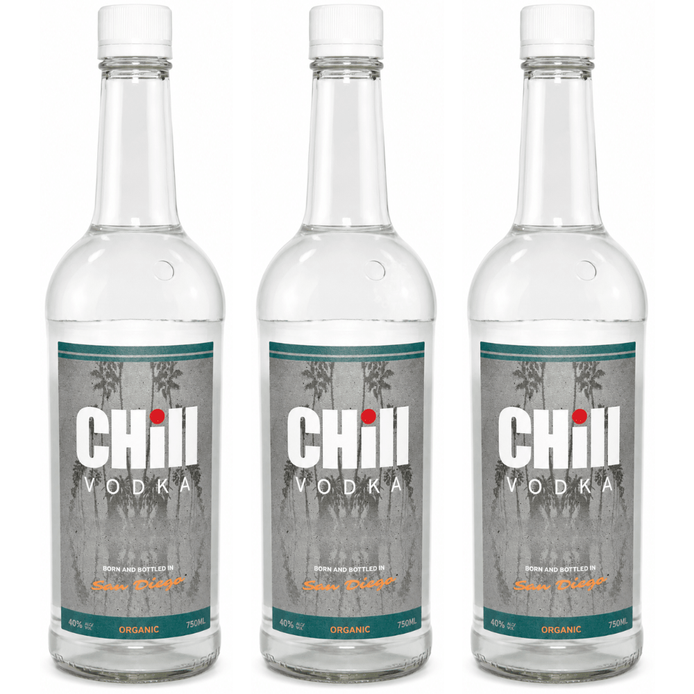 Chill Organic Vodka San Diego 750mL clear glass bottle featuring a gray palm tree-inspired label, teal accents, white cap, and 40% ABV branding. 3 Pack