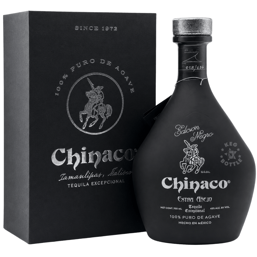 Chinaco Extra Anejo Tequila 750mL limited-edition bottle with gift box, aged 5 to 6 years and crafted from 100% Blue Weber Agave in Tamaulipas, Mexico.