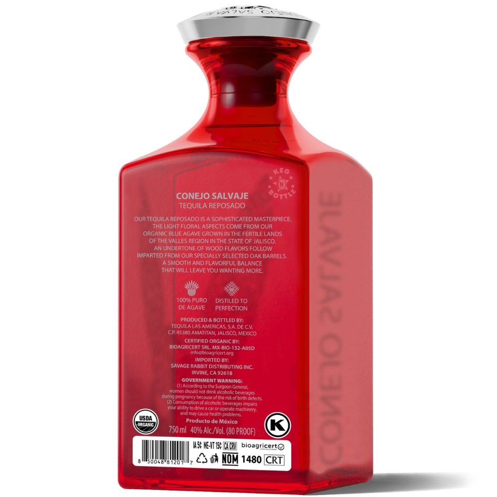 Conejo Salvaje Tequila Reposado 750ml red bottle 100% organic blue agave Jalisco Mexico 80 proof - Back