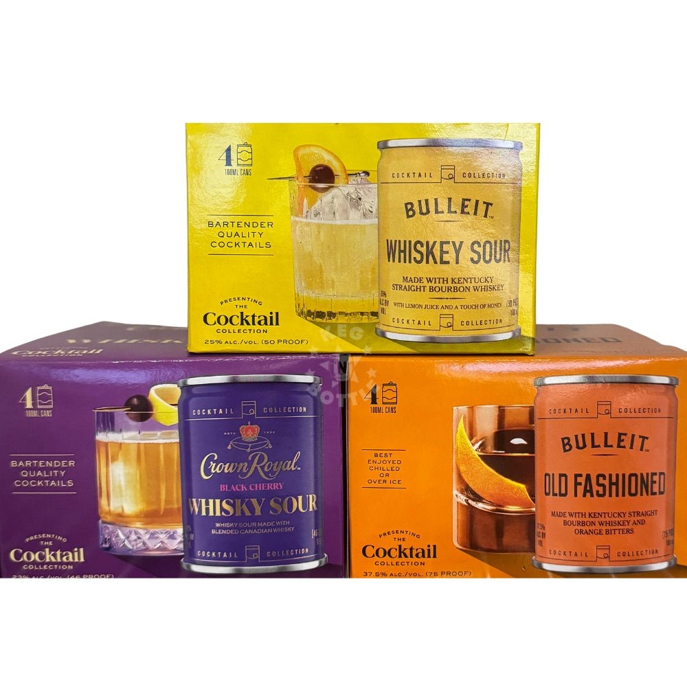 Crown Royal Black Cherry Whiskey Sour and Bulleit Whiskey Sour and Old Fashioned cocktail collection variety pack 12 x 100ml cans