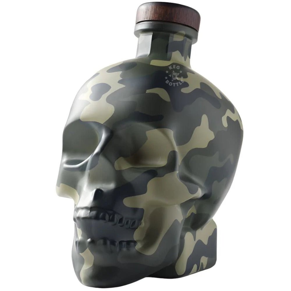 Crystal Head Camo Limited Edition Vodka 750mL skull-shaped bottle with camouflage design.