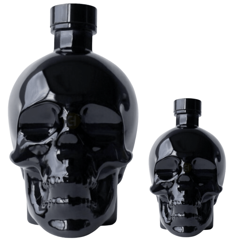 Crystal Head Onyx Blue Agave Vodka Gift Set featuring 750mL and 50mL black skull bottles.