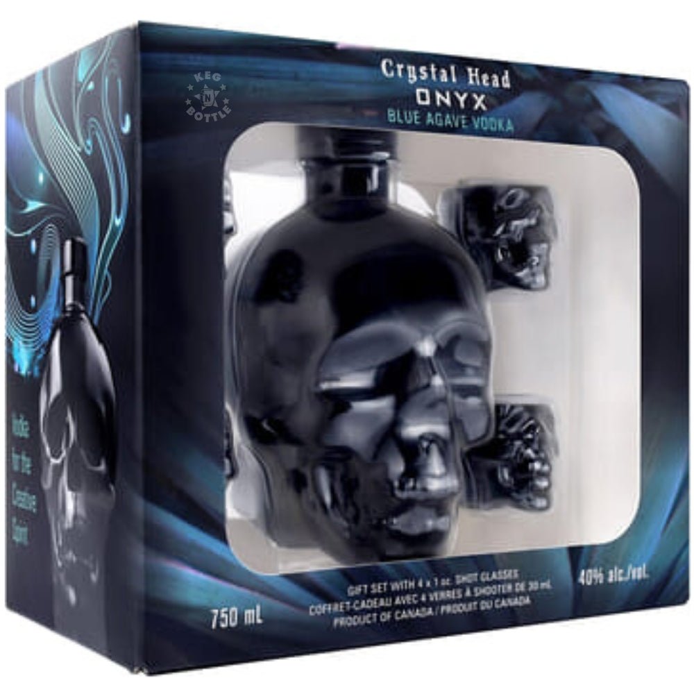 Crystal Head Onyx Vodka gift set with black skull bottle and 4 shot glasses-2