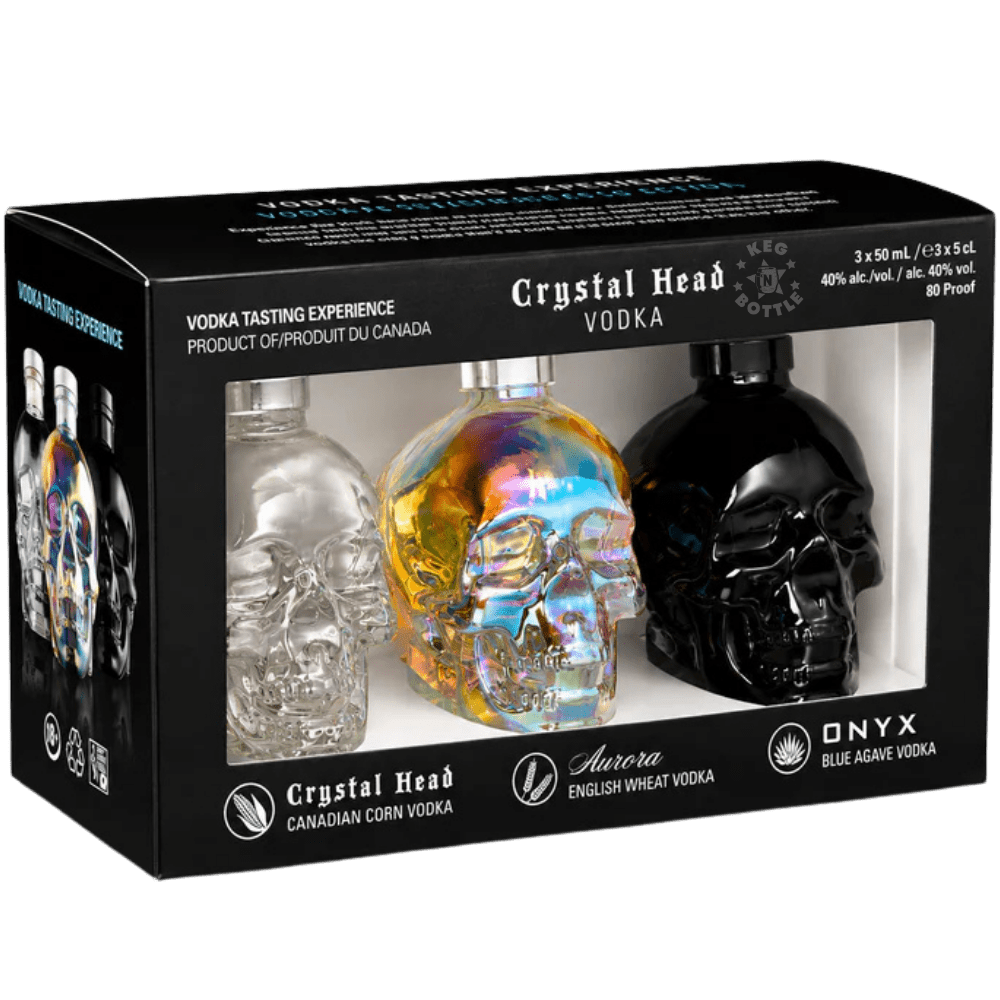 Crystal Head Vodka Experience Pack featuring Original, Aurora, and Onyx 3 x 50mL collectible skull bottles.