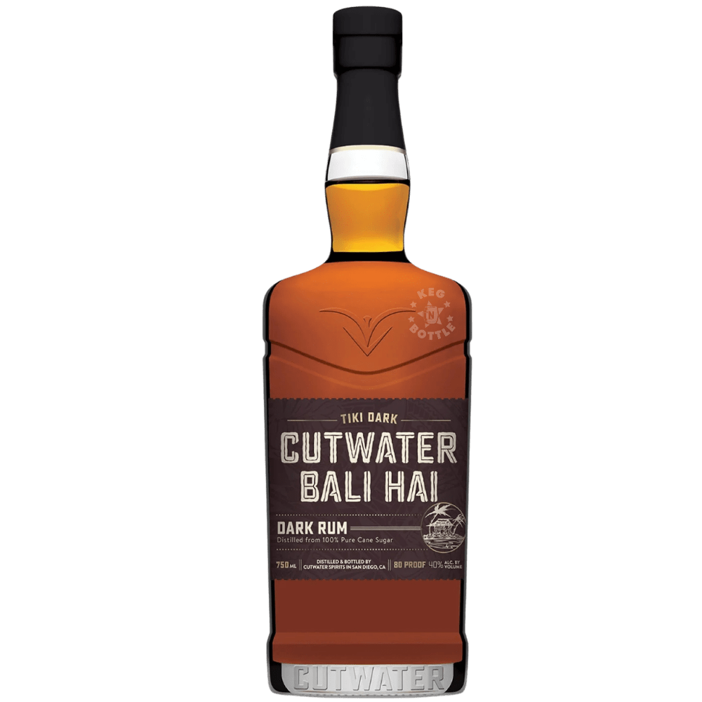 Bottle of Cutwater Bali Hai Tiki Dark Rum with tropical tiki-inspired label and dark rum bottle design