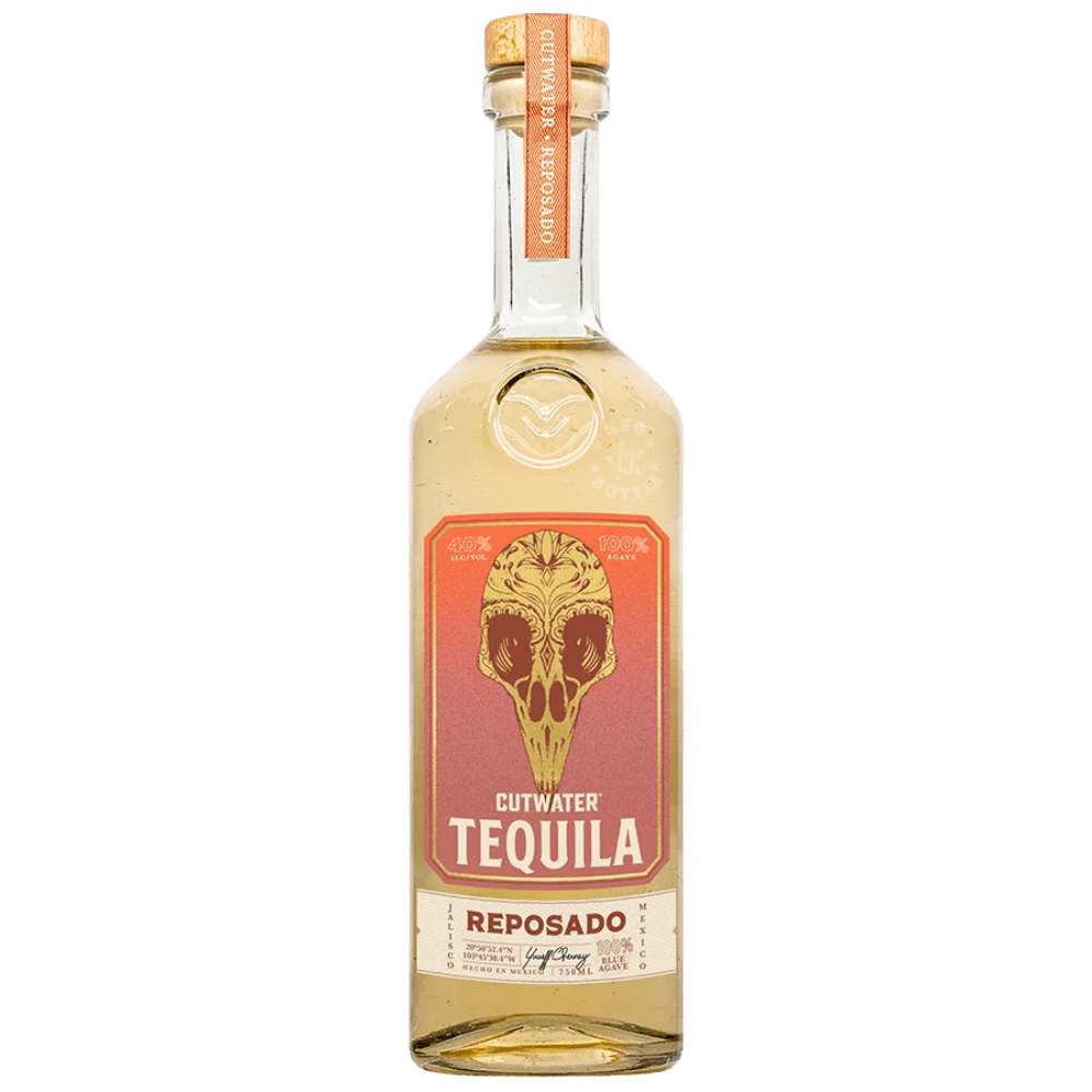 Bottle of Cutwater Tequila Reposado 100% blue agave tequila with coral skull label and premium reposado tequila design