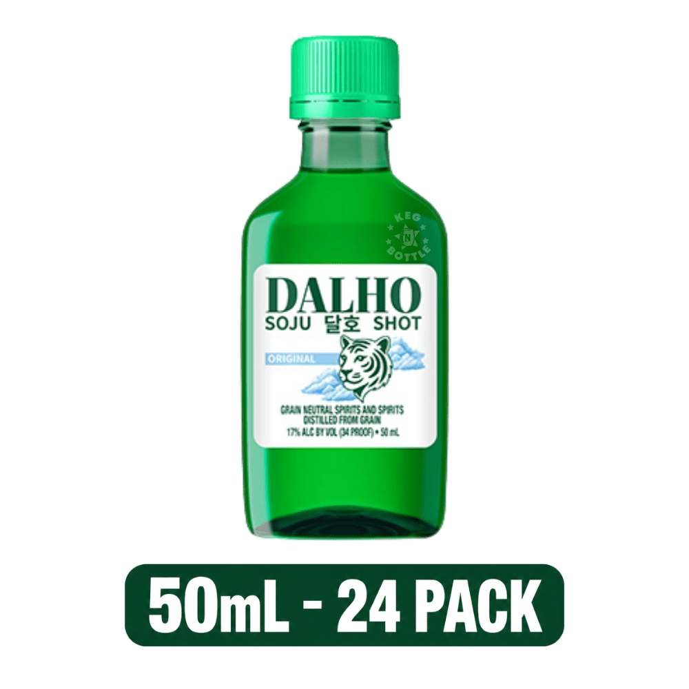 Dalho Soju Shot 24-Pack featuring 24 individual 50mL mini soju bottles.