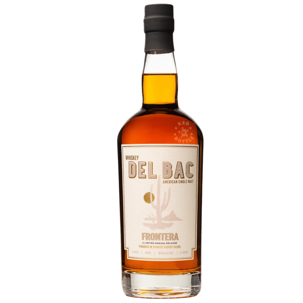 Whiskey Del Bac Frontera American Single Malt Whiskey 750mL bottle featuring amber whiskey, a cream-colored label with desert cactus artwork, and black cap.