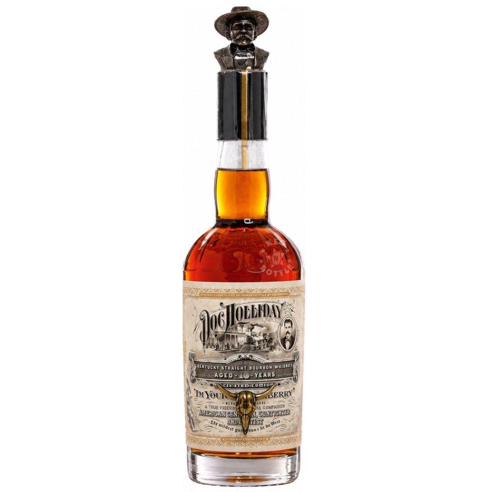 Doc Holliday 10 Year 175th Anniversary Kentucky Straight Bourbon Whiskey 750mL commemorative bottle with decorative Doc Holliday stopper.