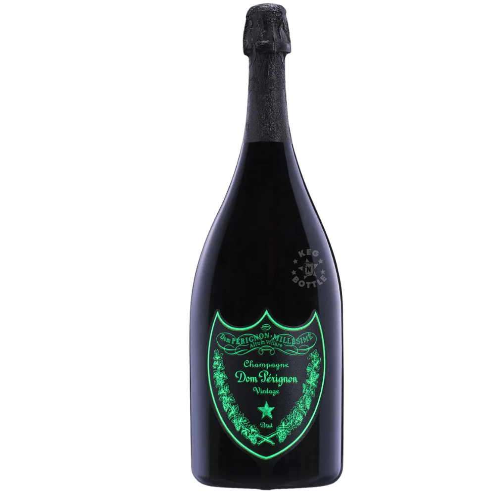 Dom Pérignon Vintage 2015 Brut Luminous Champagne 750mL dark bottle with black foil and signature glowing green shield-shaped label.